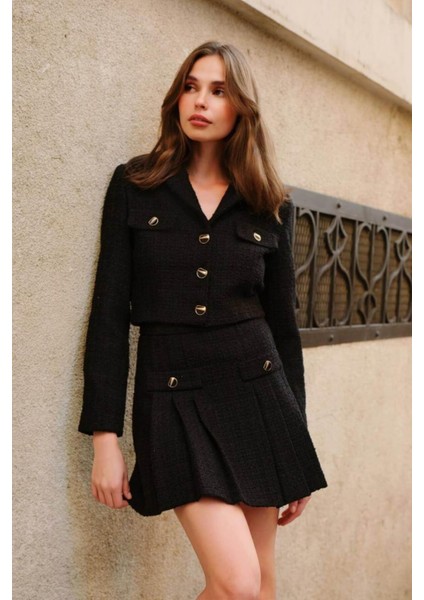Kadın Premium Tuvit Siyah Crop Ceket