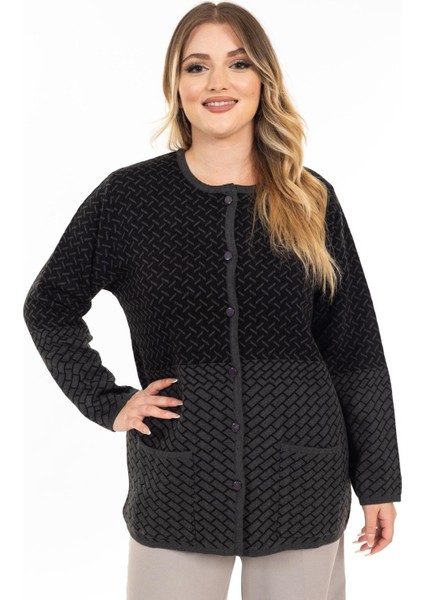 Yeni Sezon Kadın Triko Örgü Sıkı Dokuma Düğmeli Desenli Anne Kışlık Hırka 2435-SIYAH