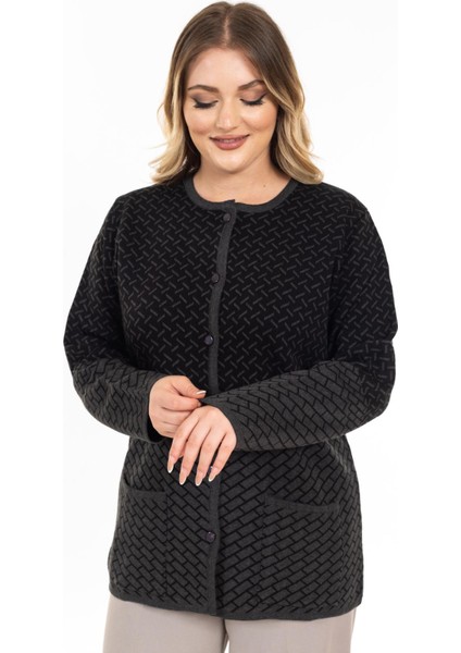 Yeni Sezon Kadın Triko Örgü Sıkı Dokuma Düğmeli Desenli Anne Kışlık Hırka 2435-SIYAH fırsatları