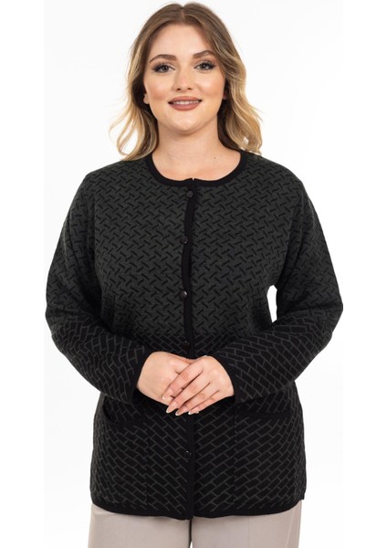 Yeni Sezon Kadın Triko Örgü Sıkı Dokuma Düğmeli Desenli Anne Kışlık Hırka 2435-HAKI Yeşili