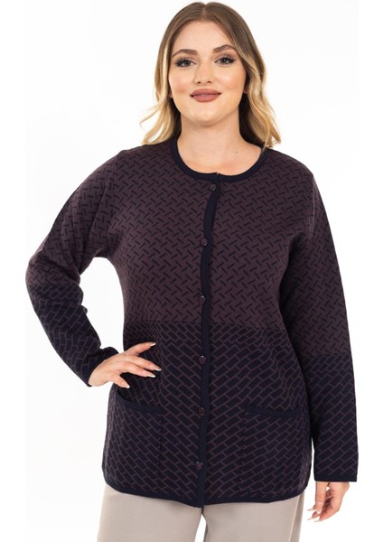 Yeni Sezon Kadın Triko Örgü Sıkı Dokuma Düğmeli Desenli Anne Kışlık Hırka 2435-MÜRDÜM fiyatları