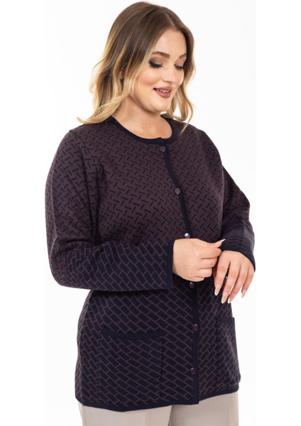Yeni Sezon Kadın Triko Örgü Sıkı Dokuma Düğmeli Desenli Anne Kışlık Hırka 2435-MÜRDÜM modelleri