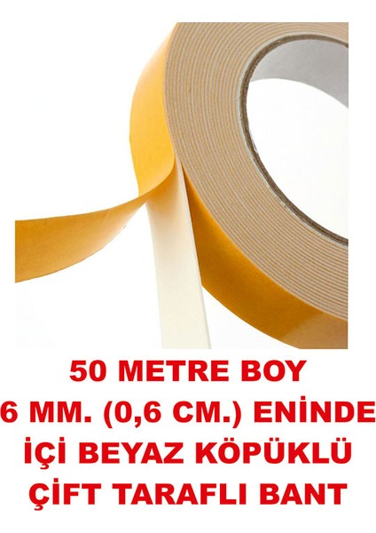 Çift Taraflı İçi Beyazlı Köpük Bant 50 Metre Uzunlukta (6 Mm-0,6 Cm Eninde)