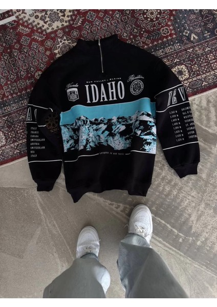 Yarım Fermuarlı Oversize Baskılı Sweatshirt