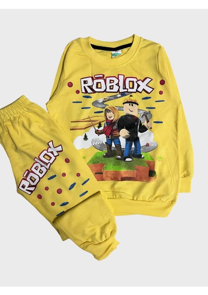 Erkek Çocuk Pamuklu Sarı Roblox Desenli Uzun Kollu Eşofman Takımı