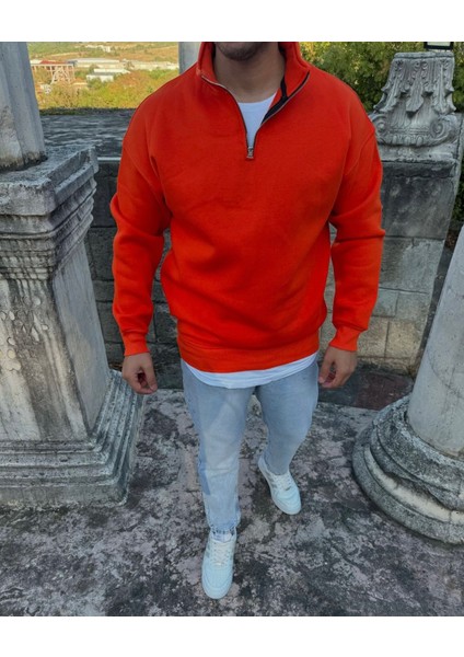 Özel Tasarım Dik Yaka Yarım Fermuarlı Şardonlu Kışlık Kırmızı Erkek Sweatshırt