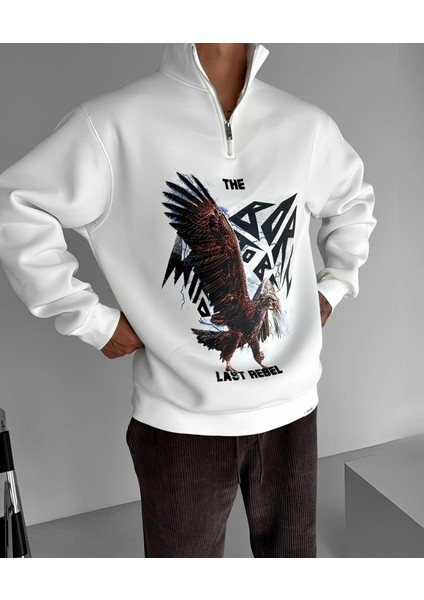 Özel Tasarım Dik Yaka Yarım Fermuarlı Born To Be Baskılı Şardonlu Kışlık Erkek Sweatshırt