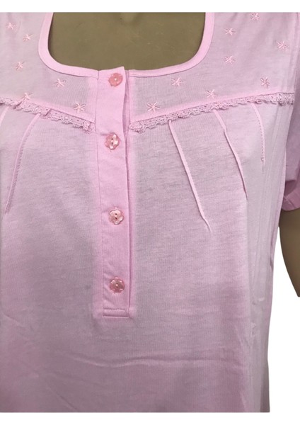CICIKOM-1701-BAYAN Kısakollu % 100 Pamuk Gecelik-Pembe