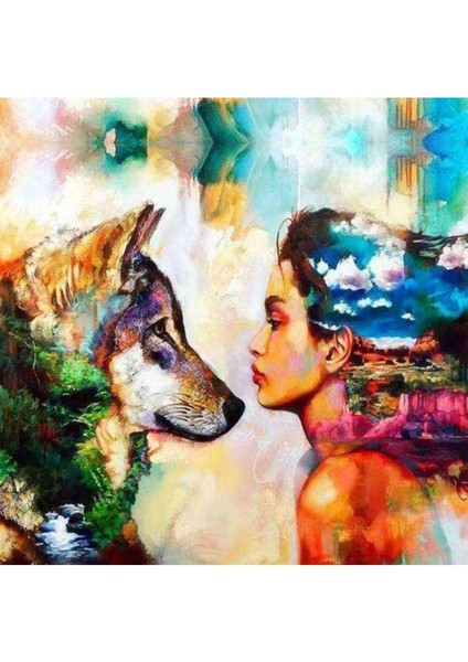 Kanvas renkli Kurt ve Kadın Sayılarla Boyama Seti Kasnaklı 100 x 140 cm