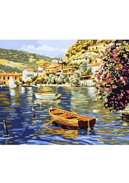 Kanvas sahil Kasabası ve Kayıklar 1 Sayılarla Boyama Seti Kasnaklı 60 x 75 cm