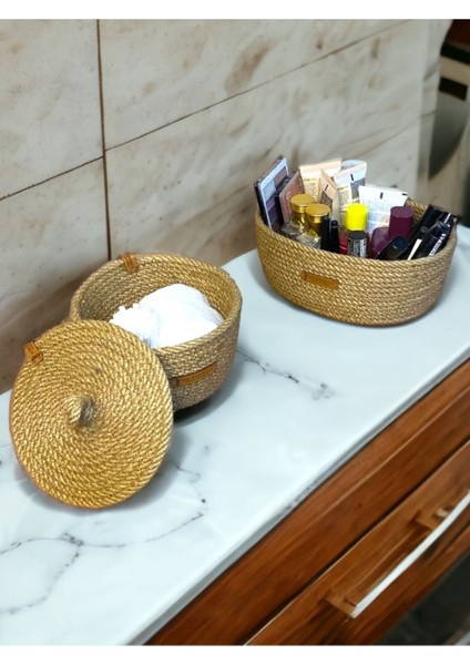 Ayşe Serhoşoğlu Home Design Hasır Sepet, 2'Li Jüt Sepet, Hasır Sepet, Çok Amaçlı Dekoratif Hasır Sepet, Organizer
