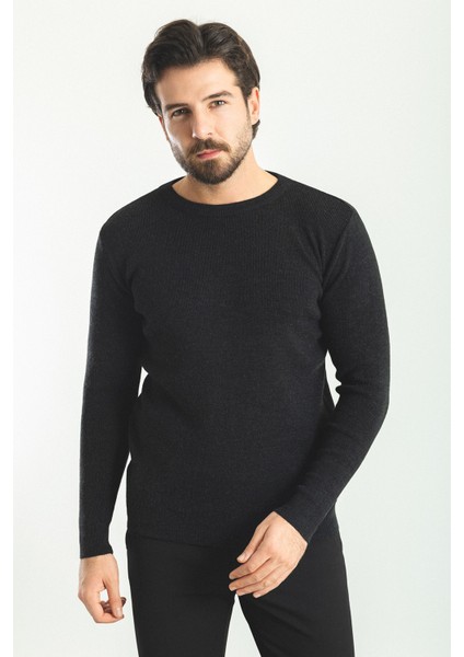 Düz Siyah Slim Fit Bisiklet Yaka Yün Erkek Triko Kazak