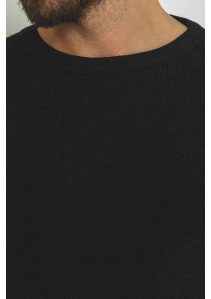 Düz Siyah Slim Fit Bisiklet Yaka Yün Erkek Triko Kazak fiyatları