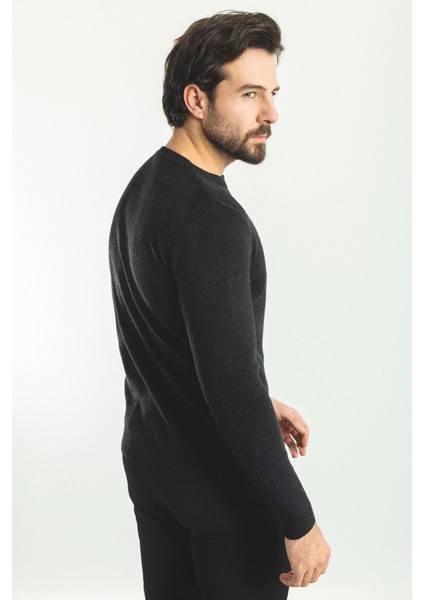 Düz Siyah Slim Fit Bisiklet Yaka Yün Erkek Triko Kazak fırsatları