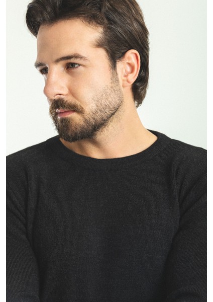 Düz Siyah Slim Fit Bisiklet Yaka Yün Erkek Triko Kazak indirimleri