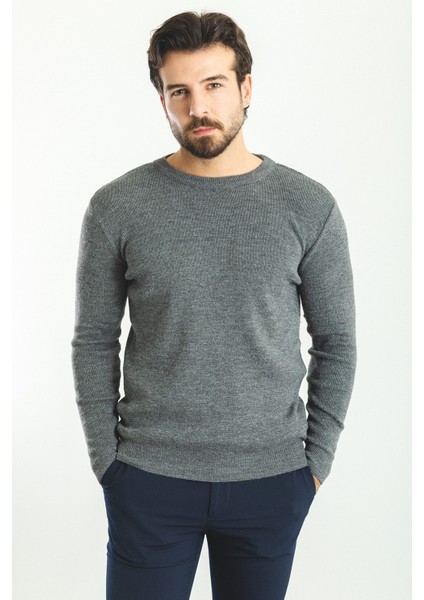 Düz Antrasit Slim Fit Bisiklet Yaka Yün Erkek Triko Kazak