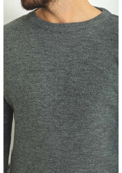 Düz Antrasit Slim Fit Bisiklet Yaka Yün Erkek Triko Kazak fiyatları