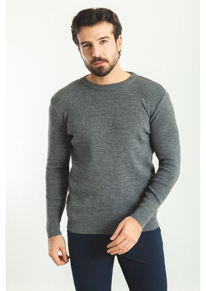 Düz Antrasit Slim Fit Bisiklet Yaka Yün Erkek Triko Kazak modelleri