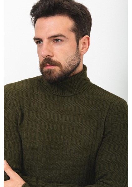 Örgü Desenli Haki Rengi Slim Fit Tam Balıkçı Yaka Yün Erkek Kazak fiyatları