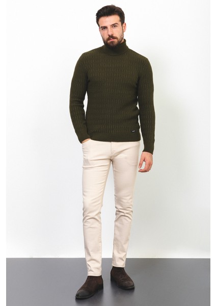 Örgü Desenli Haki Rengi Slim Fit Tam Balıkçı Yaka Yün Erkek Kazak modelleri