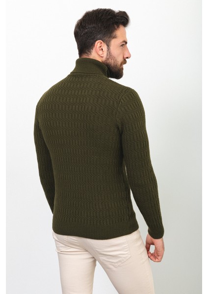 Örgü Desenli Haki Rengi Slim Fit Tam Balıkçı Yaka Yün Erkek Kazak fırsatları