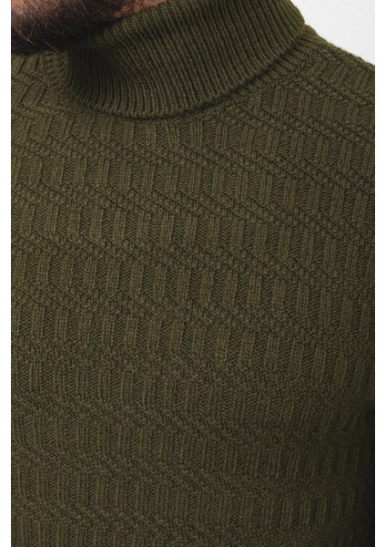 Örgü Desenli Haki Rengi Slim Fit Tam Balıkçı Yaka Yün Erkek Kazak indirimleri