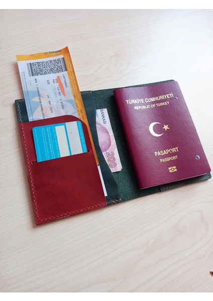 Deri Pasaport Kılıfı El Yapımı Isimli Kişiye Özel Yeşil Gerçek Deri MP35Y