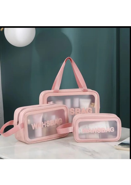 MINIISTOREE23 Seyahat Makyaj Çantası Washbag Taşınabilir Su Geçirmez 3'lü Çanta Seti Pembe