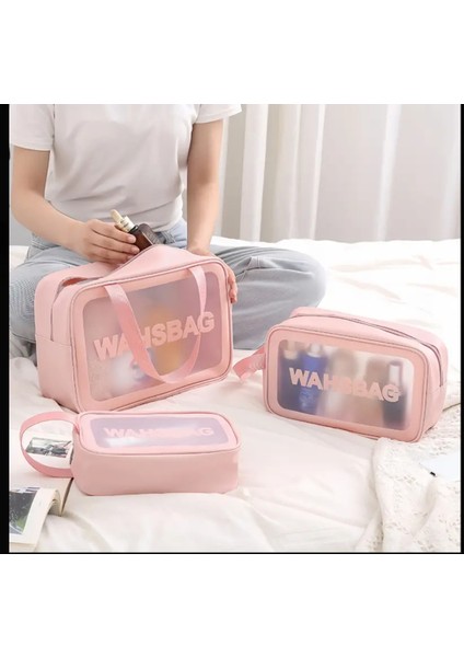 MINIISTOREE23 Seyahat Makyaj Çantası Washbag Taşınabilir Su Geçirmez 3'lü Çanta Seti Pembe