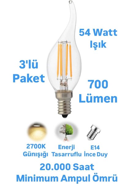 Horoz 6 Watt Günışığı E14 Duylu Rustik Ampul Kıvrık 700 Lümen Avize Ampulü İnce Duylu Mum Ampul