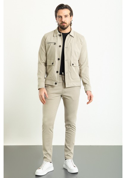 Çizgili Bej Slim Fit Erkek Mont Pantolon Takım
