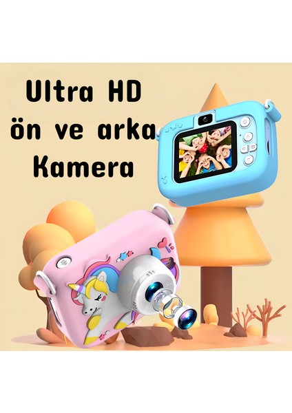 Ön-Arka 2 Kameralı Çocuk Fotoğraf Makinesi Üst Kalite Hd Çocuk Selfie Fotoğraf Makinesi Hd Kılıflı