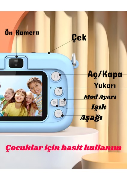 Ön-Arka 2 Kameralı Çocuk Fotoğraf Makinesi Üst Kalite Hd Çocuk Selfie Fotoğraf Makinesi Hd Kılıflı