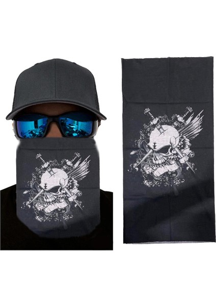 Siyah Renk Üzeri Likralı Beyaz Kafatası Kuru Kafa Baskılı Baf Buff Bandana 25x48 Cm