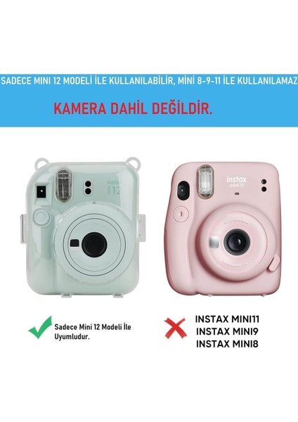 Fotoğraf Makinesi Çantaları Fuijifilm Instax Mini 12 Şeffaf Kılıf-Askı Hediyeli, 10 Fotoğraf Taşıma