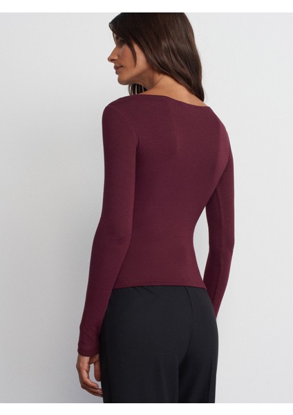 31332 Kayık Yaka Uzun Kollu Top-Bordo