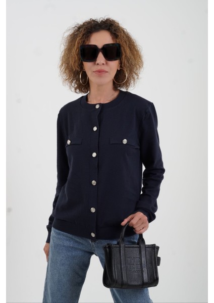 Lacivert Flato Cepli Düğmeli Hırka