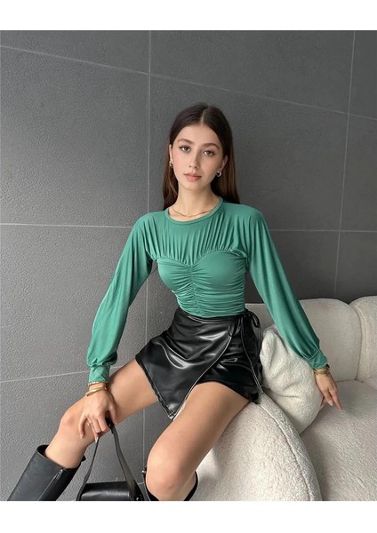 Kadın Bisiklet Yaka Drape Detaylı Uzun Kollu Bluz