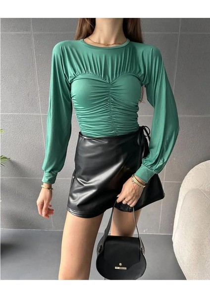 Kadın Bisiklet Yaka Drape Detaylı Uzun Kollu Bluz