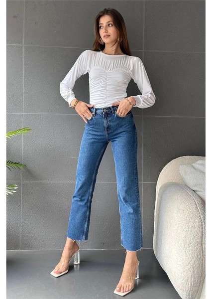 Kadın Bisiklet Yaka Drape Detaylı Uzun Kollu Bluz