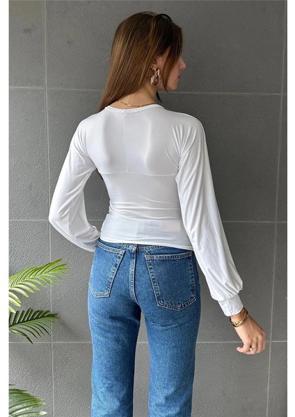 Kadın Bisiklet Yaka Drape Detaylı Uzun Kollu Bluz