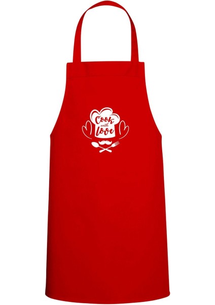 Cook With Love Yazılı Özel Baskı Chef Mutfak Önlüğü Kırmızı