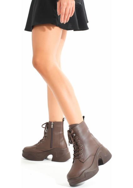 Kahverengi Yüksek Tabanlı Bağcıklı Fermuarlı Günlük Kadın Bot fiyatları