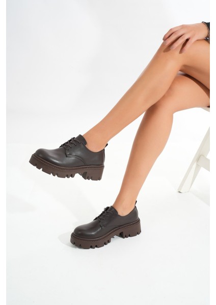 Kahverengi Bağcıklı Günlük Yüksek Tabanlı Loafer Ayakkabı
