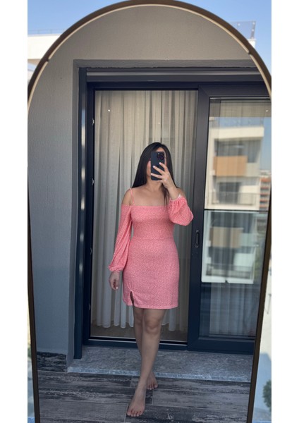 Pembe Açık Omuz Balon Kollu Mini Elbise indirimleri