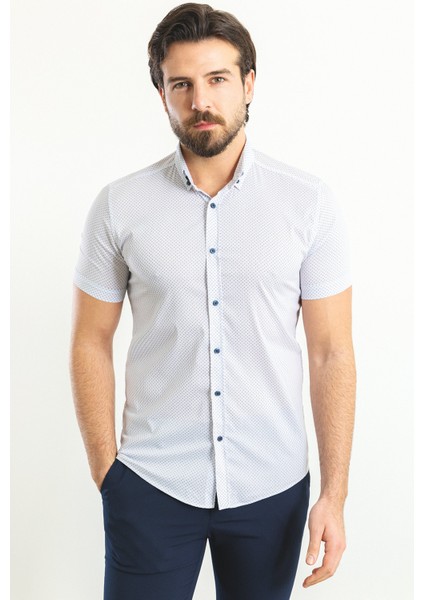 Desenli Beyaz Renk Slim Fit Kısa Kollu Erkek Gömlek modelleri