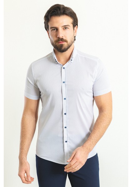 Desenli Beyaz Renk Slim Fit Kısa Kollu Erkek Gömlek fırsatları