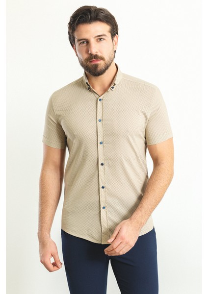 Desenli Bej Rengi Slim Fit Kısa Kollu Erkek Gömlek