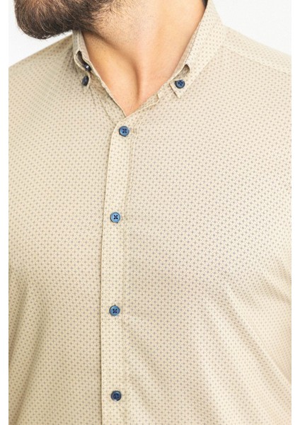 Desenli Bej Rengi Slim Fit Kısa Kollu Erkek Gömlek fiyatları