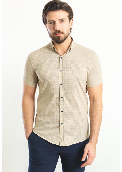 Desenli Bej Rengi Slim Fit Kısa Kollu Erkek Gömlek modelleri